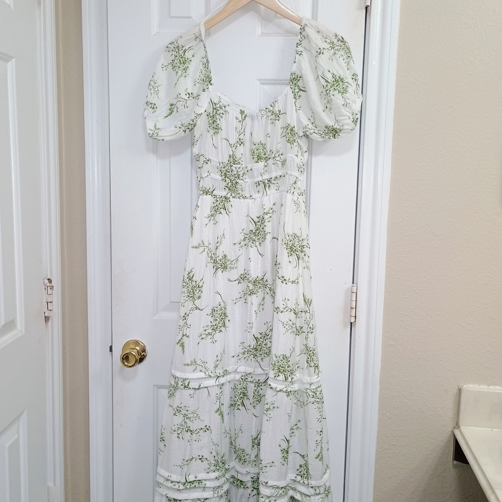 White and Green Smocked Tiered Maxi Sundress